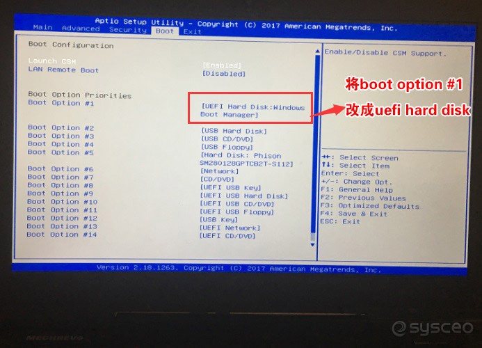 将Boot Option #1改成UEFI hard disk 将Boot Option #1改成UEFI hard disk